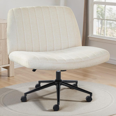 Beige Criss Cross Swivel Chair with Wheels - Adjustable Office Vanity Seat