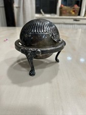 Vintage Silver Tone Dome Roll Top Caviar /Butter Dish Server Lions Heads