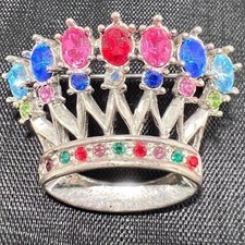 Crown Brooch Pin Colorful Rhinestones Silver Tone Costume Jewelry