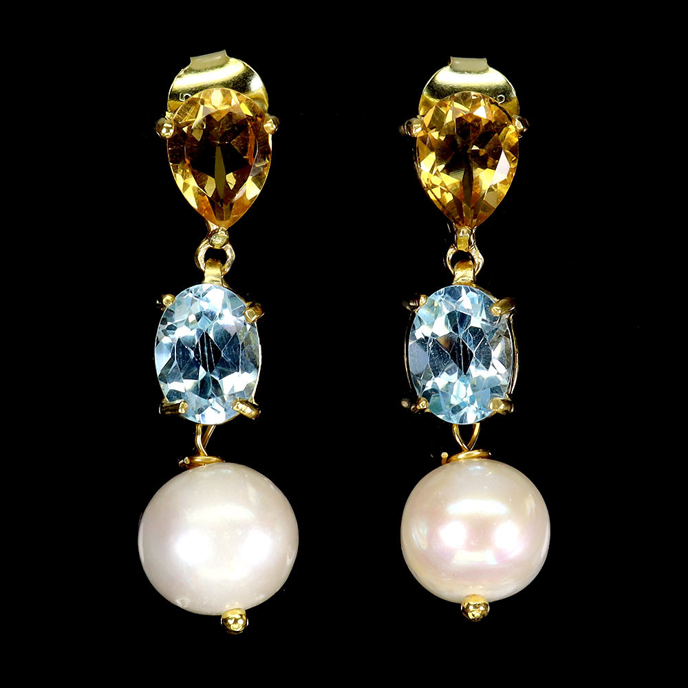 925 Sterling Silver Earrings Pear Citrine Topaz Pearl Natural Gemstone Jewelry