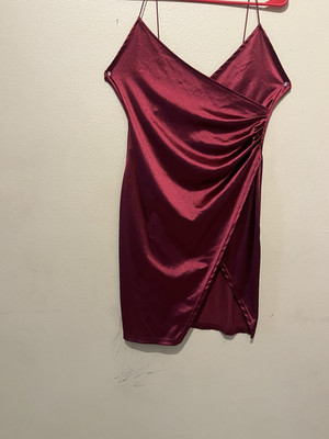 S.L. Fashions Burgundy Satin Ruched Mini Slip Dress V-Neck Sleeveless Size L