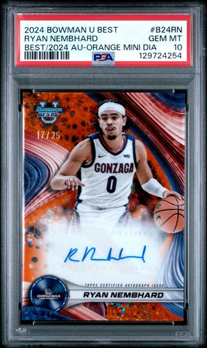 PSA 10 RYAN NEMBHARD #/25 Auto 2024 Bowman U Best of ORANGE MINI DIAMOND GONZAGA