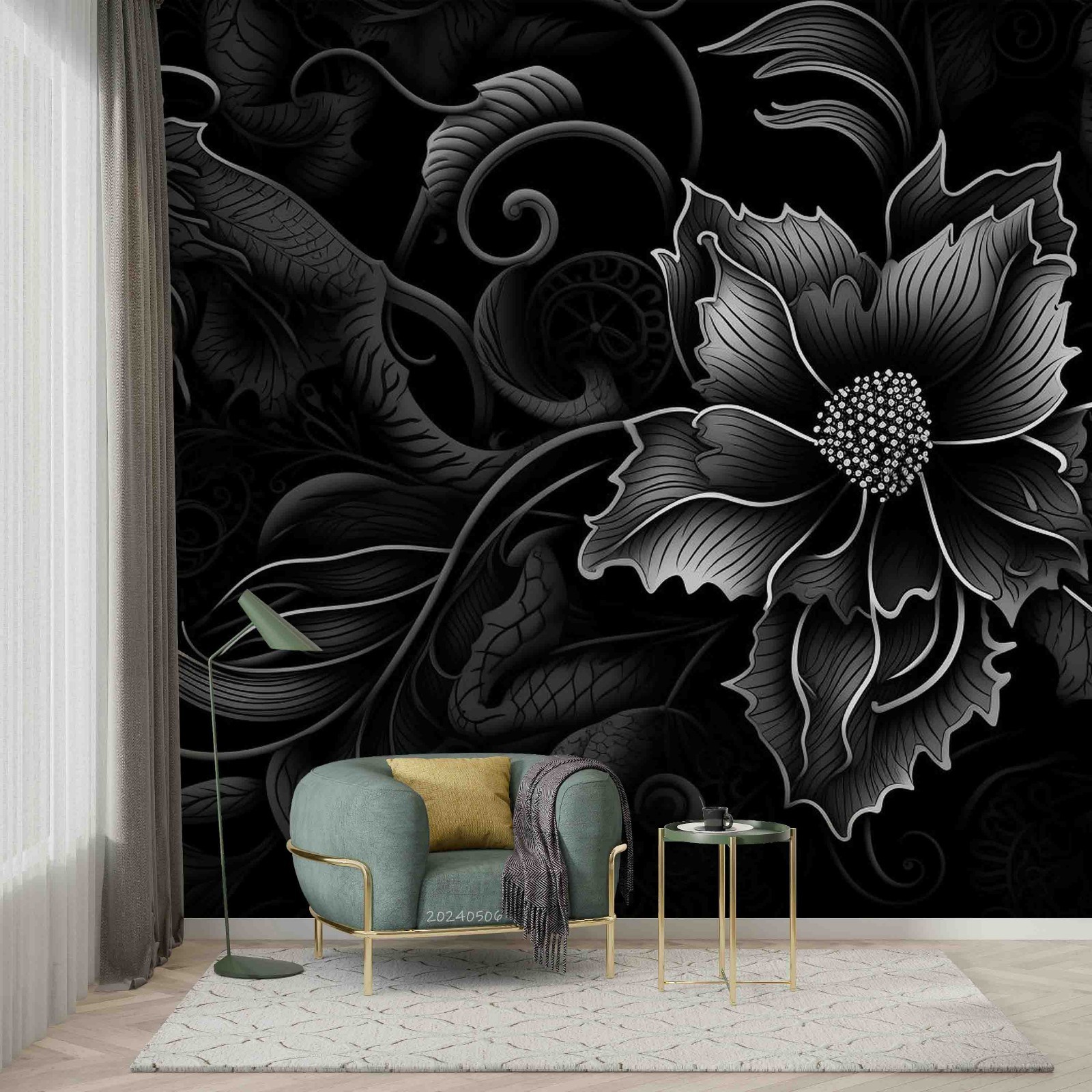 3D Black Flower Flora Wall Murals Wallpaper Murals Wall Sticker 3