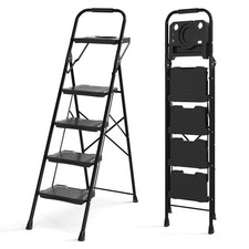 COSTWAY 4 Step Ladder Heavy-Duty Metal Step Stool with Tool Tray-Black