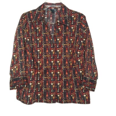 East 5th Womens Size 1X Blouse Button Front 3/4 Sleeve V-Neck Dark Multicolor