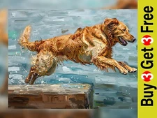 Impasto Golden Retriever Joyful Leap, Dog Painting Print 5"x7" on Matte Paper