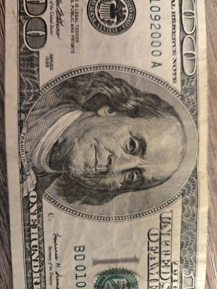 $100 Birthday Note, Anniversary, Special Occasion, Fancy Serial Number, 01092000 - Image 4 of 4