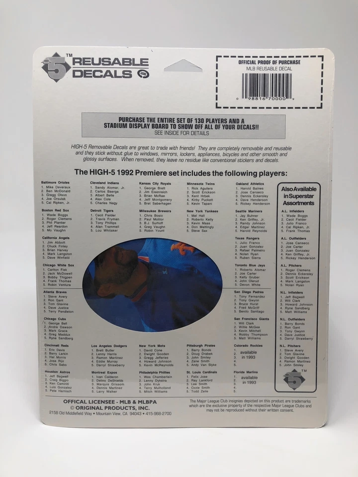 New York Mets 1992 High 5 Reusable Decals In Package Doc Gooden David Cone HoJo - Image 2 of 2