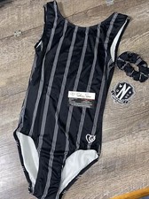 Shining star black pinstripe adult medium gymnast leotard Wednesday patch