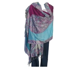 Shawl | Wool + Modal | Geometric Design | Handloomed | Tassels |Turquoise & Plum