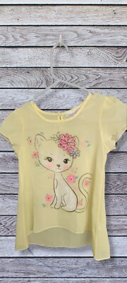 Beautees Girls Sheer Yellow Shirt With Cat And Flowers