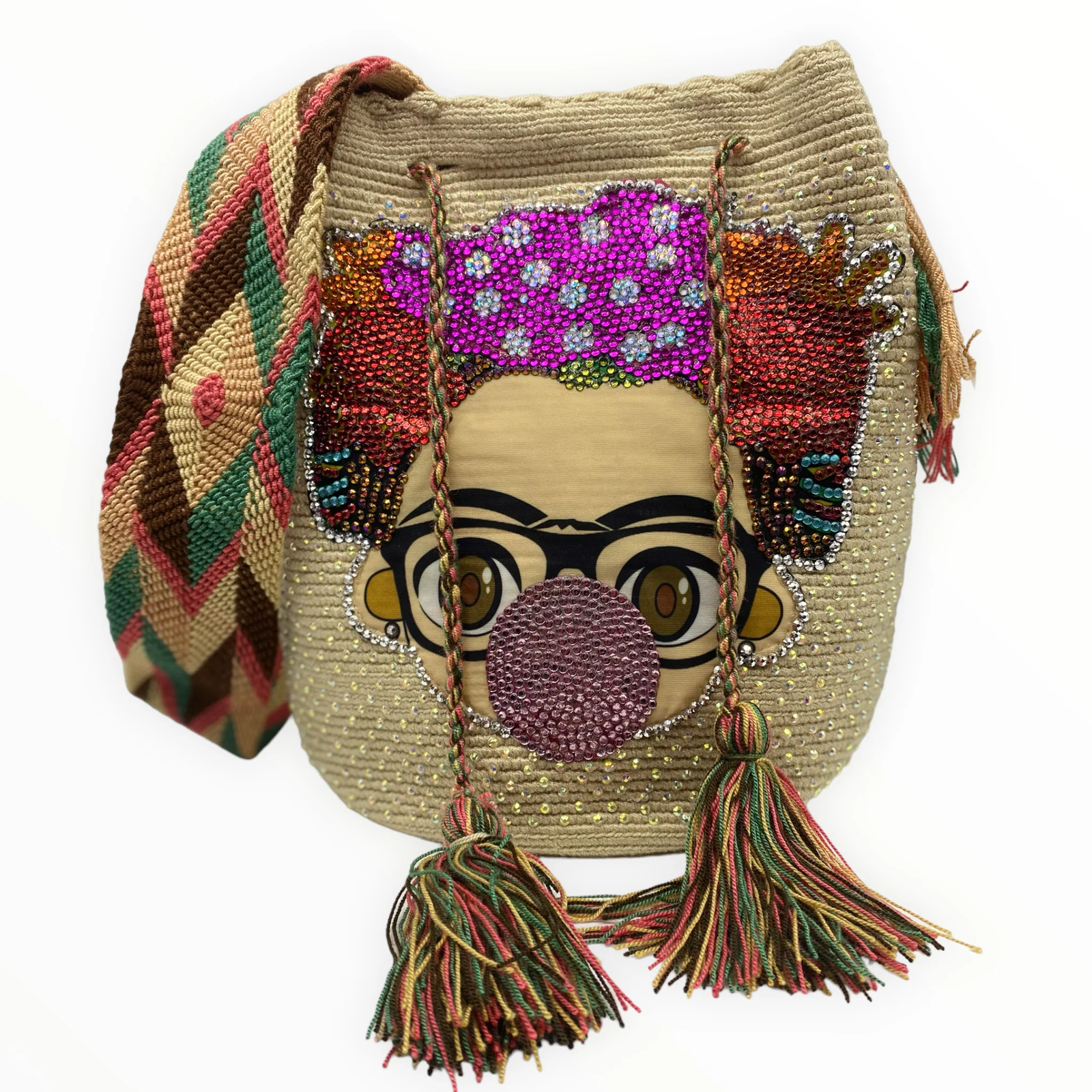 (Crossbody Bag Beige Handmade Wayuu Mochila Bag with Frida Crystals)-image