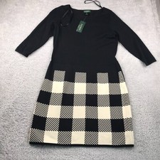 LRL Ralph Lauren Sweater Dress Womens L Black Plaid Stretch 3/4 Sleeve NEW NWT