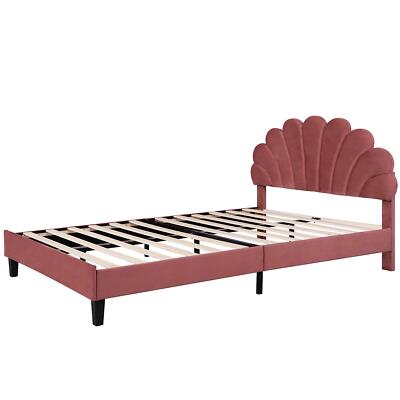 Queen Size Upholstered Platform Bed with Flower Pattern Velvet Headboard 2 Color