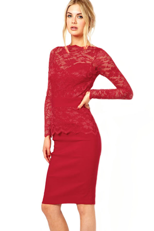 red lace midi bodycon dress Crazy In Love Lace Trim Midi Dress - Red
