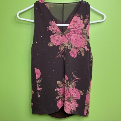 Vintage Express 100% silk brown with pink roses bow on the back tank size 8