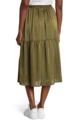 Topshop Women's Size Olive Green Midi Maxi Satin Skirt Elastic Waistband,  NWT
