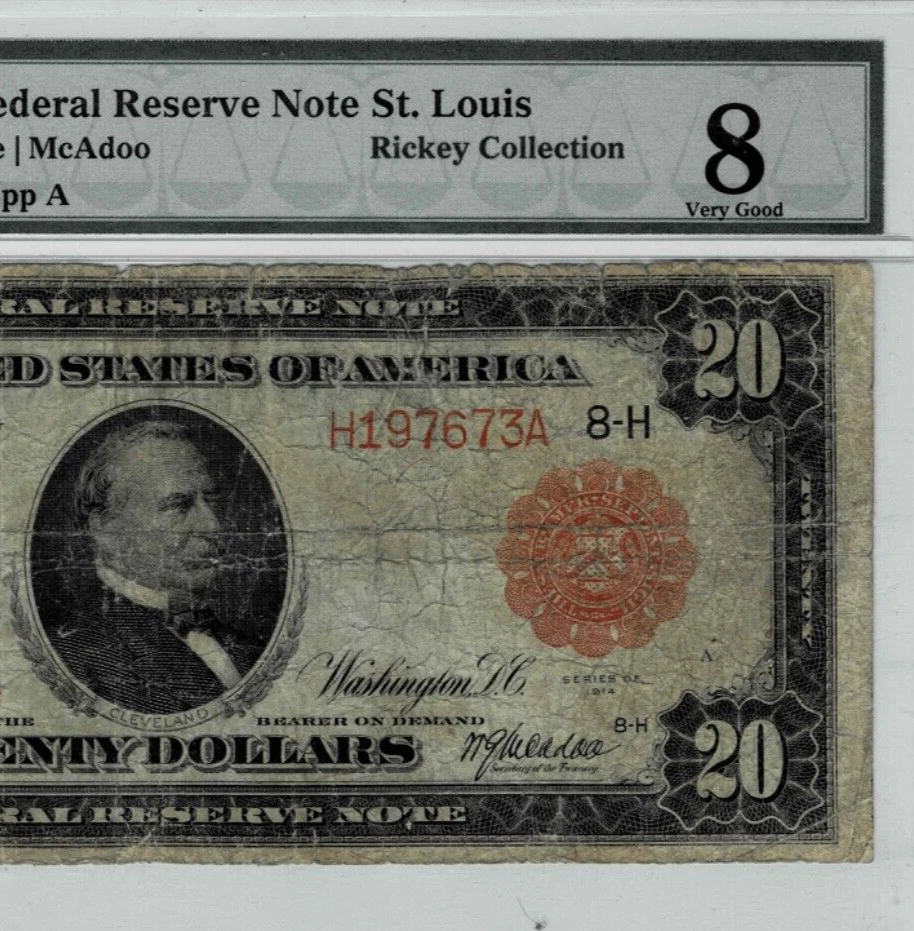 1914 $20 Federal Reserve'Red Seal'note-fr.959b (St.Louis) PMG VG 8--Very Scarce - Image 4 of 4