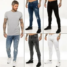 Enzo Mens Skinny Super Stretch Fit Ripped Jeans Destroyed Denim Pants  All Waist