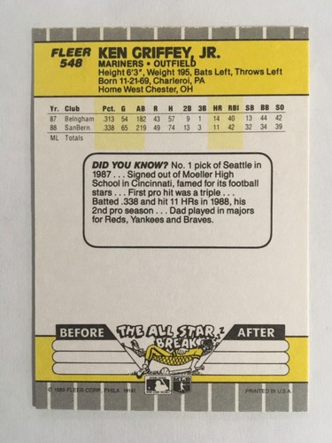 1989 Fleer - Ken Griffey Jr #548 RC Mariners HOF - Foto 2 di 2