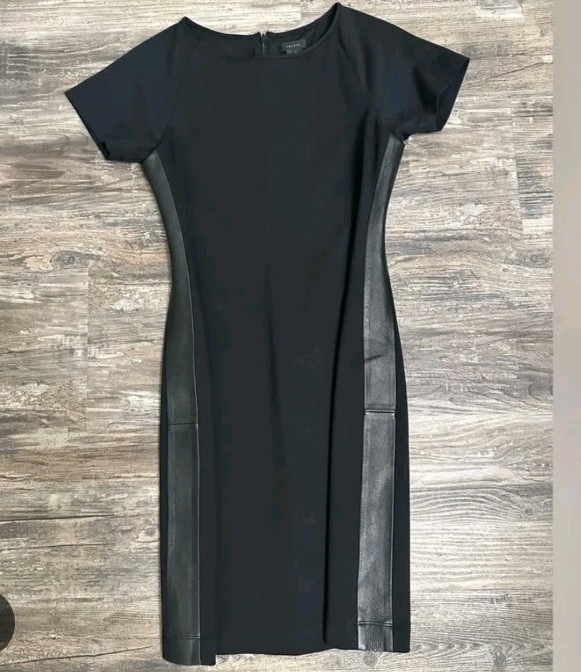 Theory Black Knit  Dress Lamb Leather Trim Career Wear Size 8