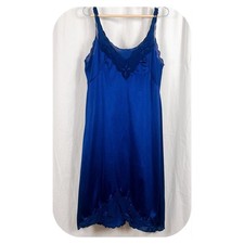 VTG Blue Polyester Satin And Lace Slip Dress Nightgown Cottagecore Coquette