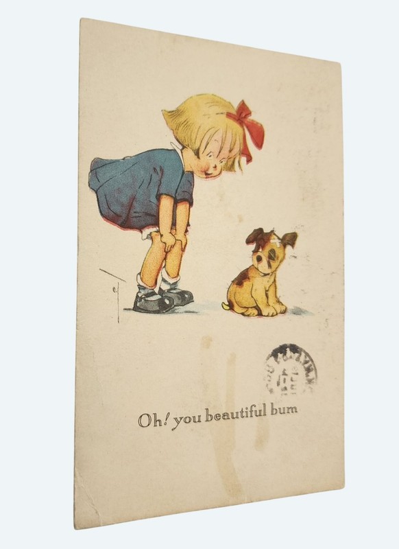 Vtg 1928 Postcard Girl & Puppy Oh! You Beautiful Bum New York To Brutus Michigan