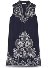 TORY BURCH Embroidered Sleeveless Tunic Mini Shift Dress Blue White S