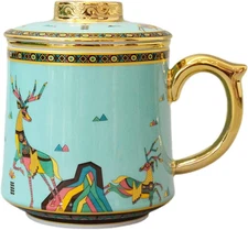 Portable Chinese Ceramic Porcelain Tea Cup with Infuser Lid and Saucer Set - Chi