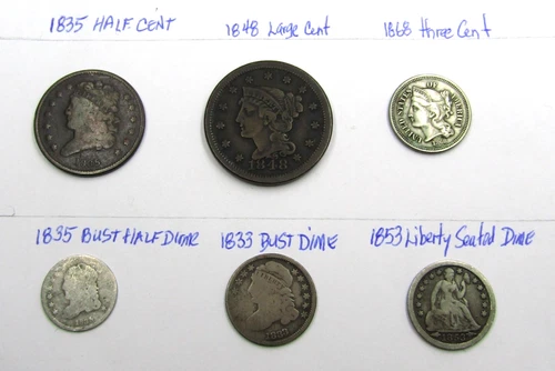 6 Coin Lot, 19th Century Type Vintage Bust, Seated, Liberty 1/2c 1c 3c Silver 5c