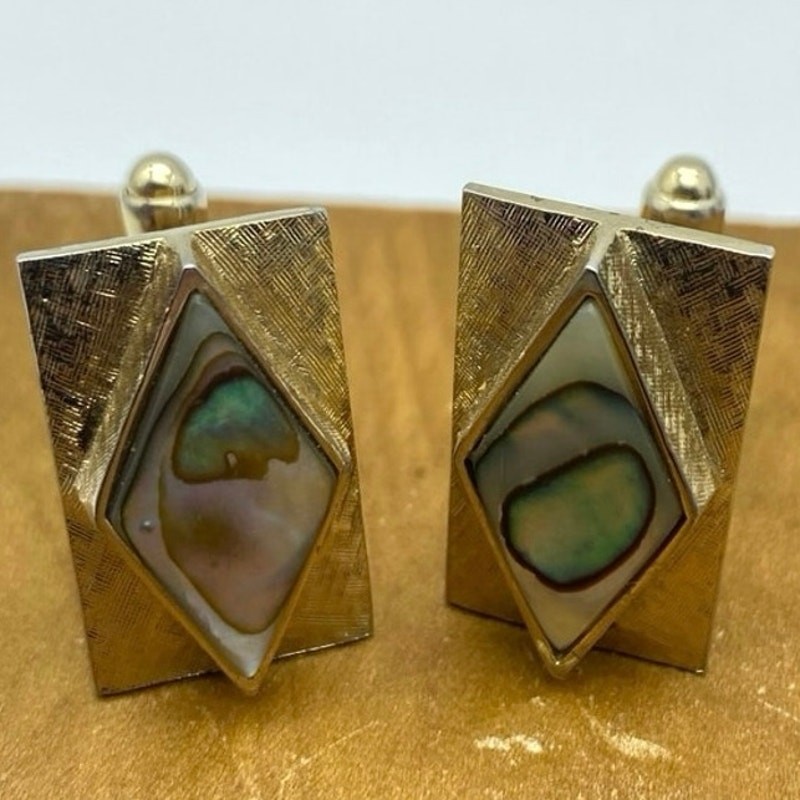 Abalone Shell Gold tone Rectangle Cufflinks Mens … - image 1