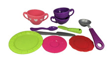 LOT Play Dishes 10 pc Pretend Cups Utensils Silverware Plates Kitchen Set Hearts