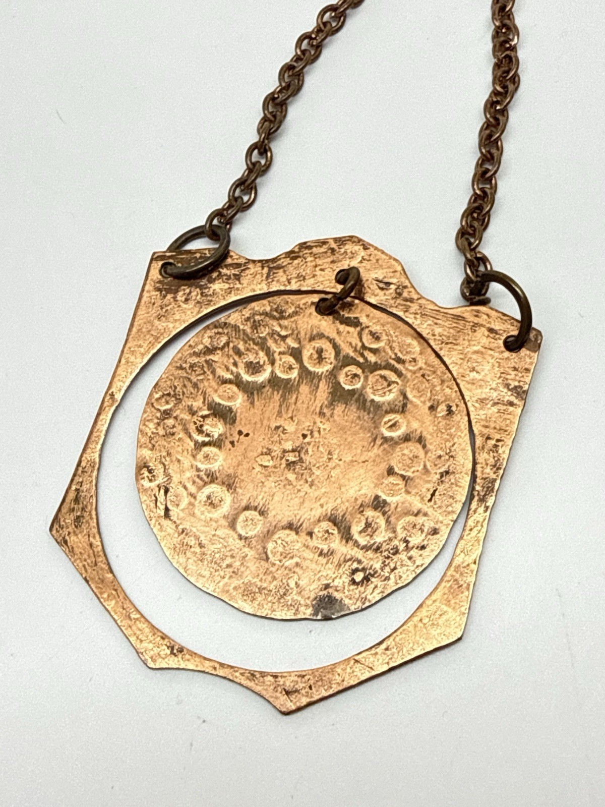 Vintage artisan Brutalist solid Copper pendant Ne… - image 3