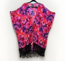 Catalina Cover Up 3X Plus 22-24 Sheer Poppy Floral Fringe Kimono Beach Swim Robe