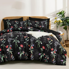 Comforter Set Queen Size, 7 Pieces Black Floral Botanical Comforter Sets, Revers