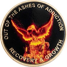 Out of The Ashes of Addiction Color Phoenix Rising from Flames Sobriety Medal...