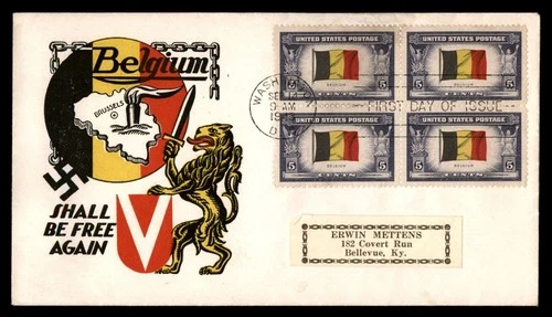 Mayfairstamps US FDC 1943 Flag of Belgium Block First Day Cover aax_66401
