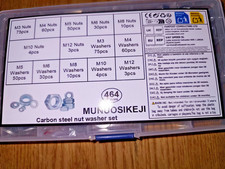Carbon Steel Hex Nut and Washer set M3 M4 M5 M6 M8 M10 M12 - 464 pieces