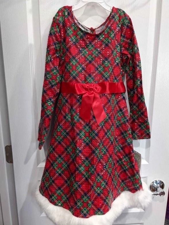 Bonnie Jean Girls Red Plaid Multi Christmas Santa Fur Special Occasion Dress - Image 4 of 4