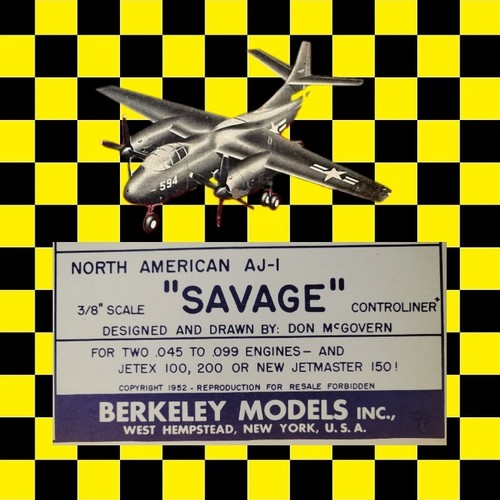 26" Model Airplane PLANS: North American AJ-1 "SAVAGE" Balsa Berkeley Models CL