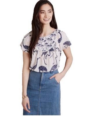 ANTHROPOLOGIE Corey Lynn Calter Wild Flamingo Sheer Navy Blue White Top Blouse M