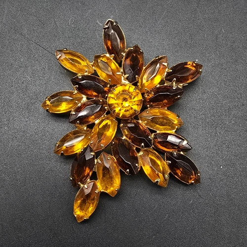 Brown Yellow Rhinestone Brooch Cluster Gold Tone VIntage Costume Jewelry