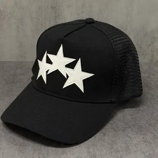 Amiri Three Star Hat Mesh Snapback Trucker Hat Adjustable Breathable Black Cap