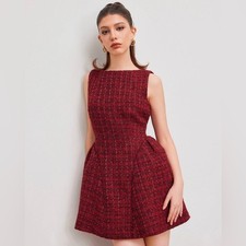 Cider TWEED BOAT NECK ZIPPER RUFFLE MINI DRESS XS 8-5