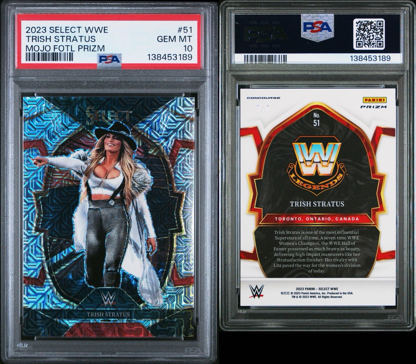 2023 Panini Select WWE Trish Stratus #51 Concourse FOTL Mojo Prizm /7 PSA 10 view 3