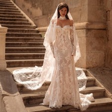 Shiny Pearls Lace Mermaid Wedding Dress Sweetheart Neck Off Shoulder Bride Gown 