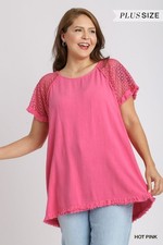Umgee Hot Pink Plus Linen Blend Round Neck Crochet Fringe Short Sleeves Detail