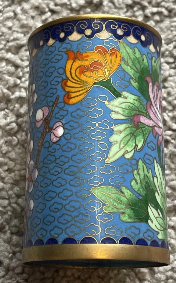 Vintage 4” Cloisonne’ Enamel Brush Holder Green Bird Blue Floral Decorative Vase - Image 4 of 4
