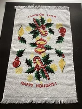 Vtg Christmas Hand Towel Candy Cane Holly Ornaments Kitsch MCM Happy Holidays