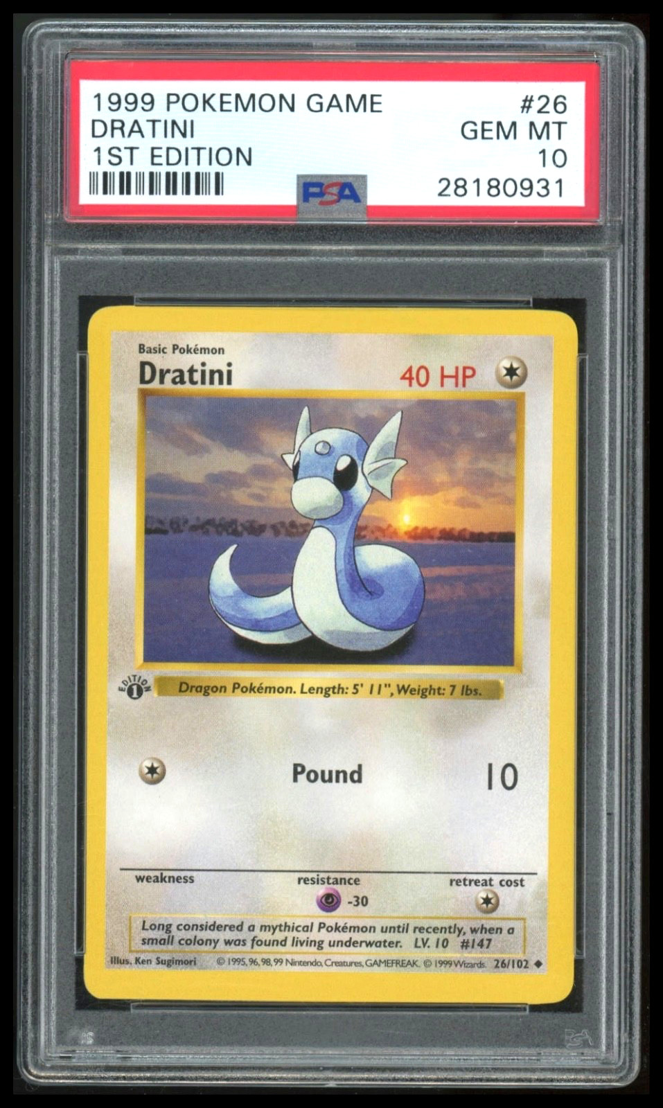 1999 POKEMON BASE SET 1ST EDITION SHADOWLESS #26 DRATINI PSA 10